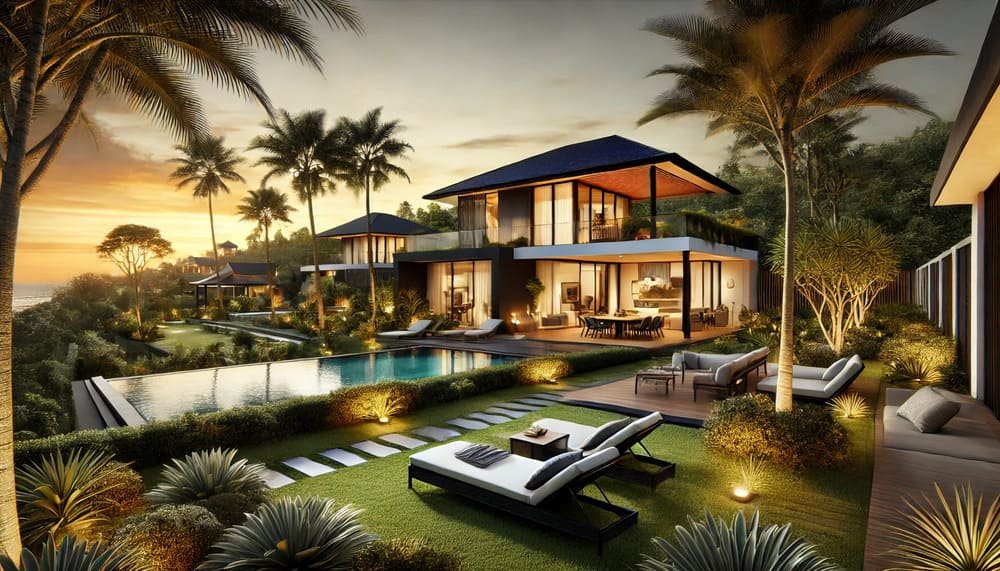Luxurious Bali villa with pool, palm trees, and elegant outdoor furniture during sunset, showcasing a serene and sophisticated ambiance