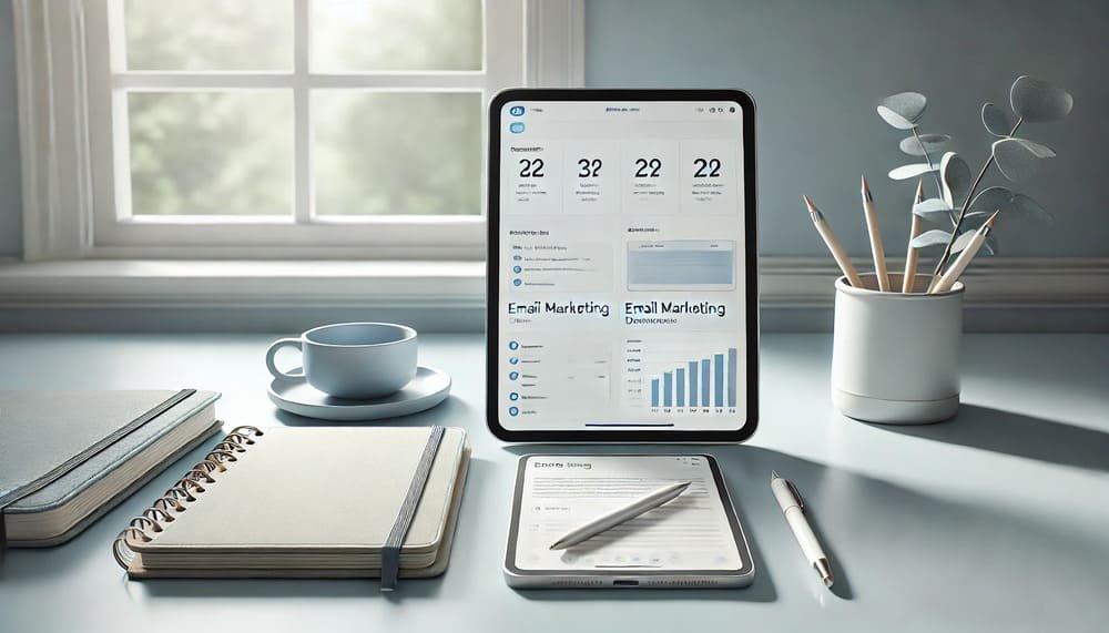 A clean and organized workspace featuring a tablet displaying an email marketing dashboard alongside a notebook, with a calming, professional atmosphere