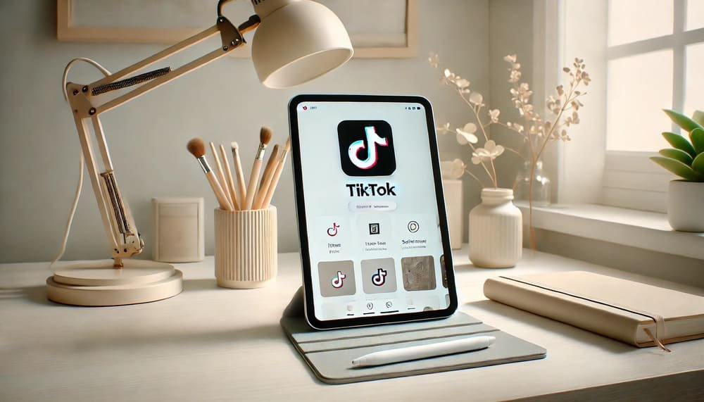  A clean and organized workspace featuring a tablet displaying TikTok content creation apps on a minimalist desk, with soft natural lighting and a calm, professional atmosphere